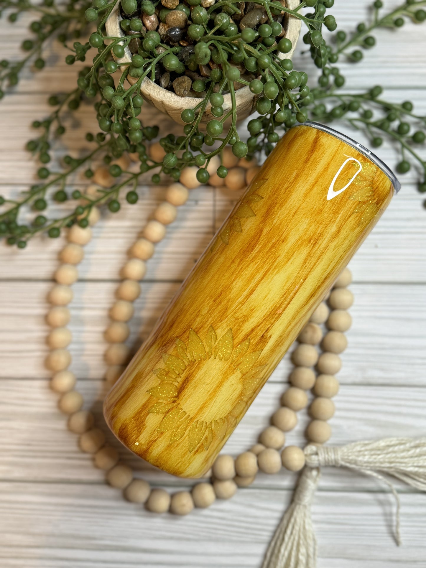 20 oz Woodgrain Peekaboo Sunflower Glitter Tumbler