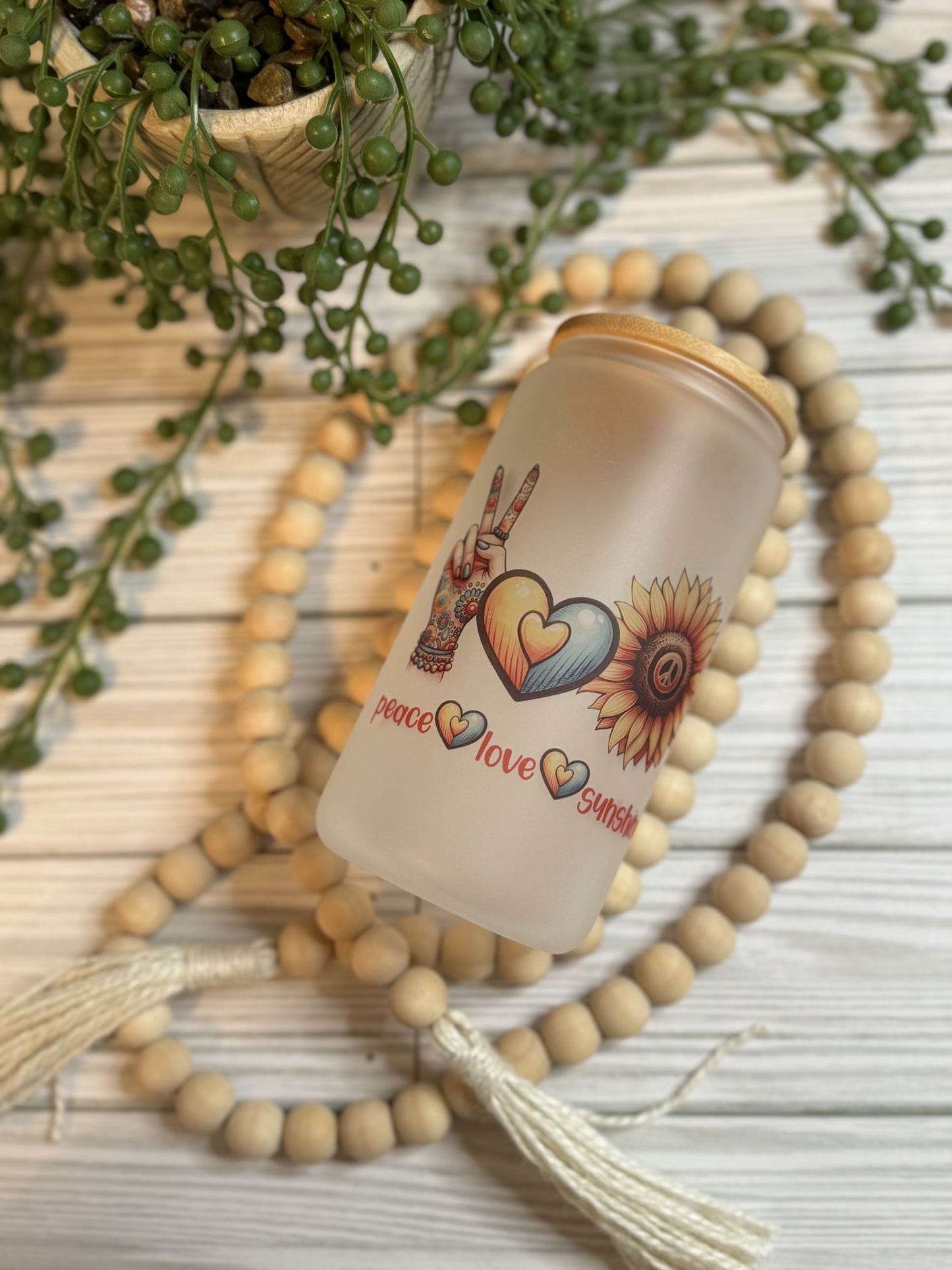 16 oz Peace Love & Sunshine Glass Can